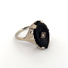 Vintage 14K White Gold Marquise Onyx & Diamond Ring
