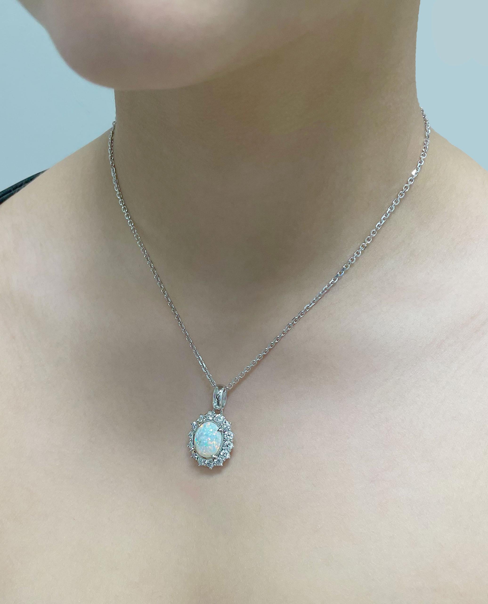 Oval Cut 14K White Gold Opal and Diamond Pendant Necklace For Sale