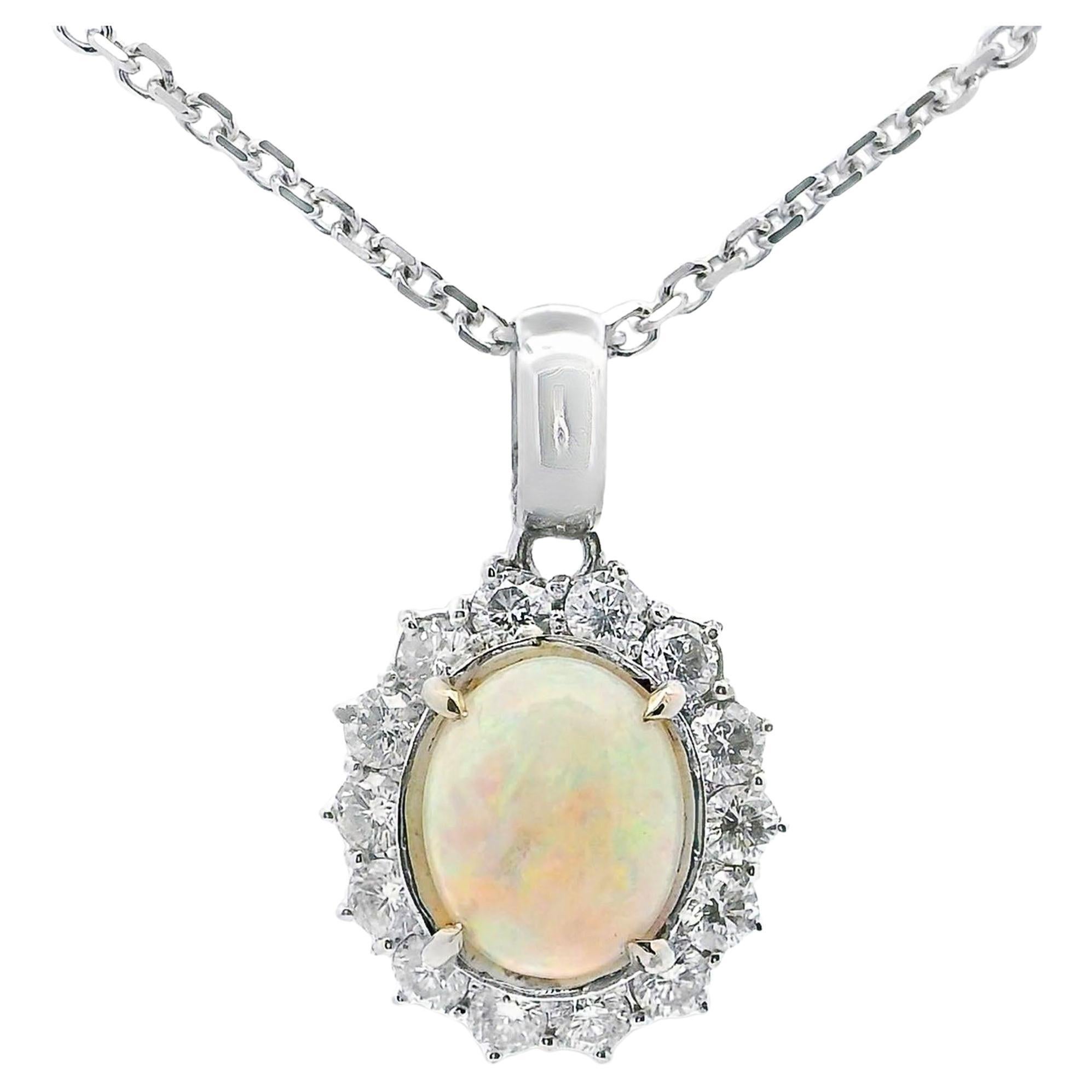 14K White Gold Opal and Diamond Pendant Necklace For Sale