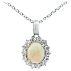 14K White Gold Opal and Diamond Pendant Necklace
