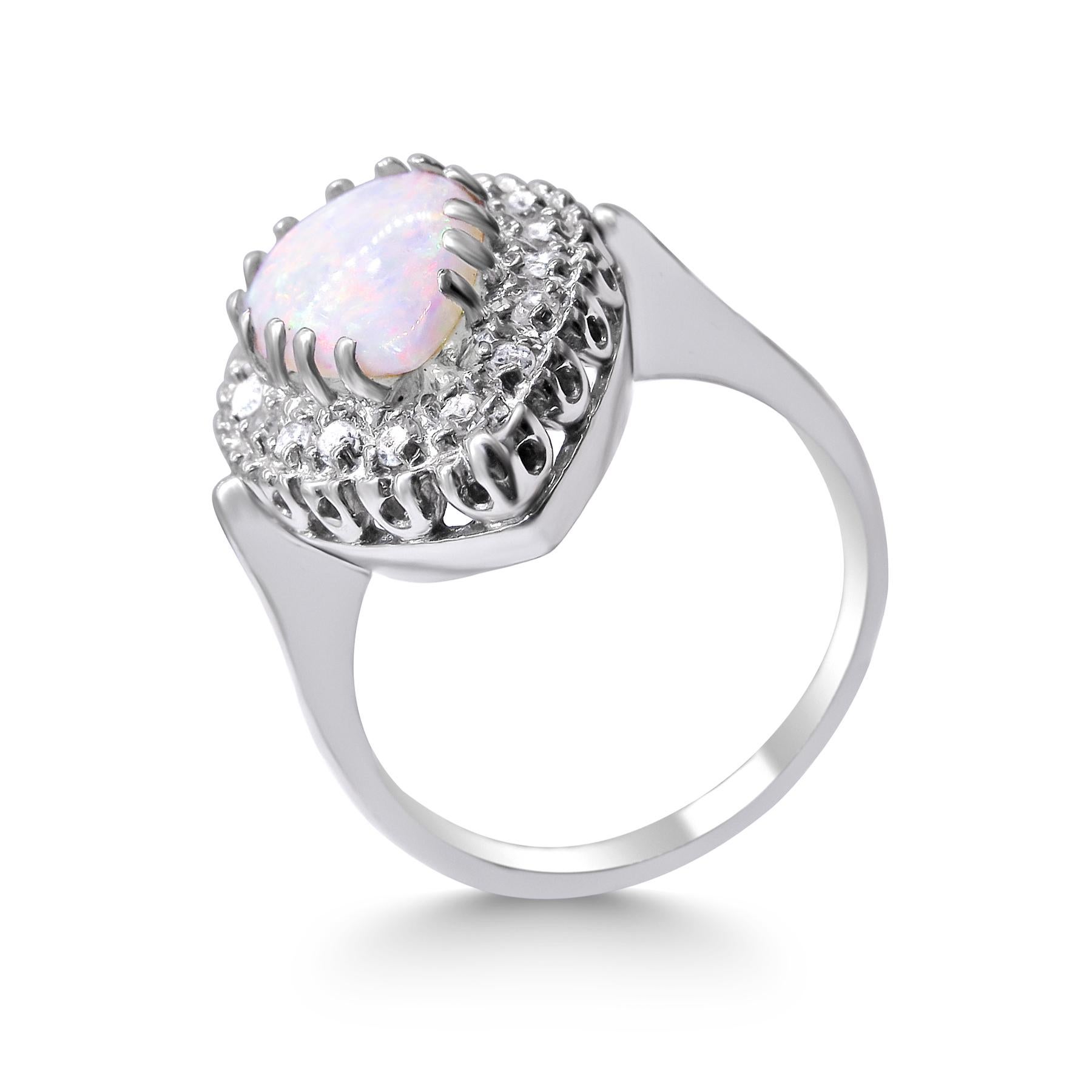 Art Deco 14 Karat White Gold Opal and Diamond Ladies Ring For Sale