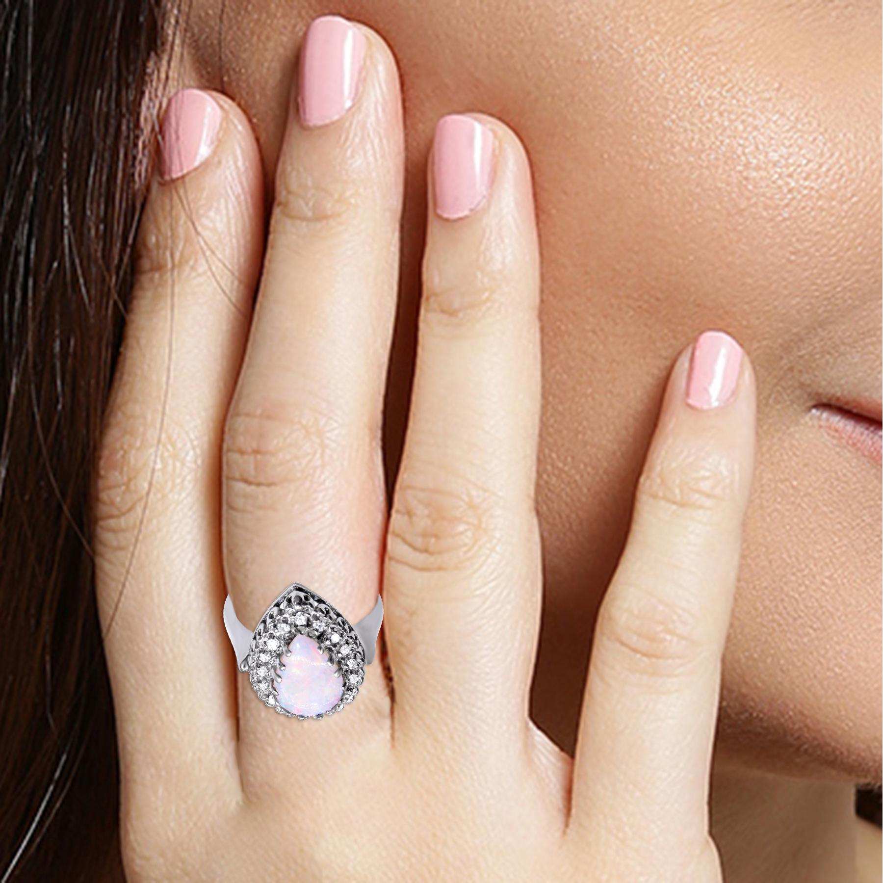 Women's or Men's 14 Karat White Gold Opal and Diamond Ladies Ring For Sale