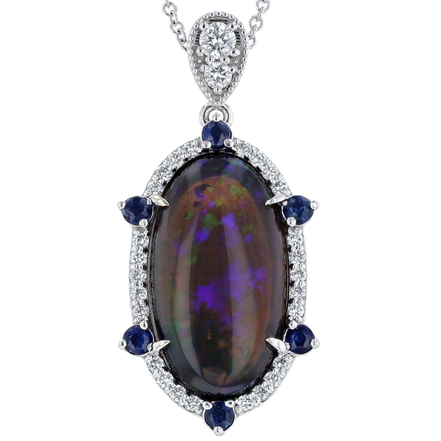 Round Cut 14K White Gold Opal Sapphire Diamond Accent Necklace For Sale