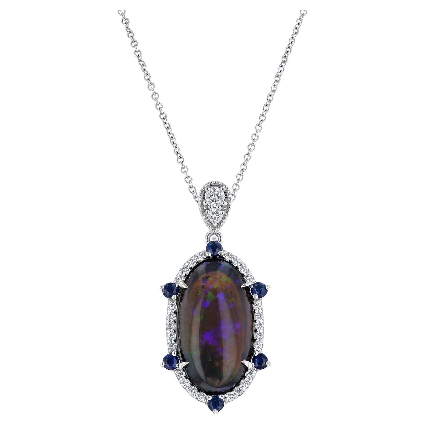 14K White Gold Opal Sapphire Diamond Accent Necklace For Sale