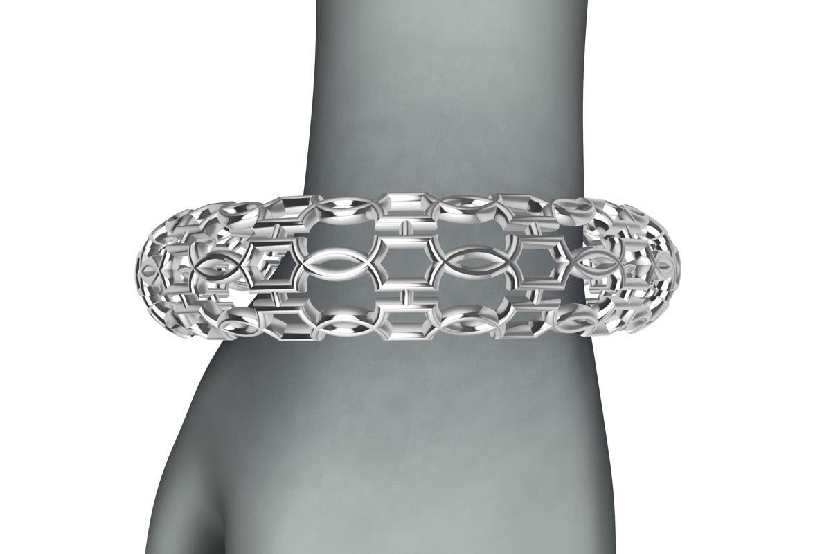 14K White Gold Open Circles Bangle , From the Gates Series. These are inspired from designs elements of ironwork on gates and windows of Europe in a time gone era. Intricate lacing and weaving of shapes and circles woven for an exciting combination.
