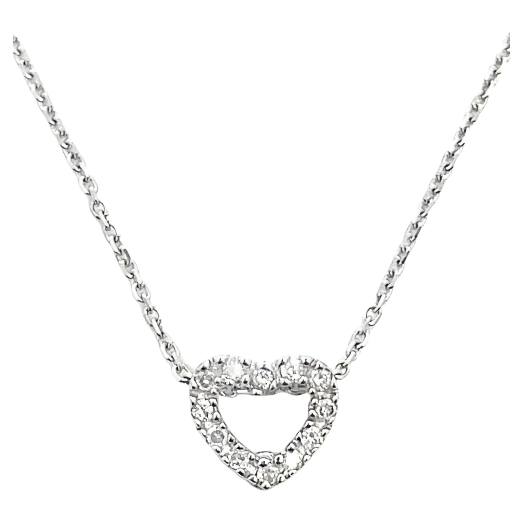 14K White Gold Open Heart Pendant Necklace with 0.05 Carat Diamonds For Sale