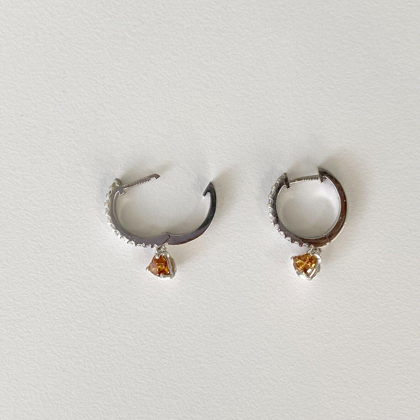 Contemporary 14k White Gold Orange Heart Diamond Dangling on Diamond Huggy Earring