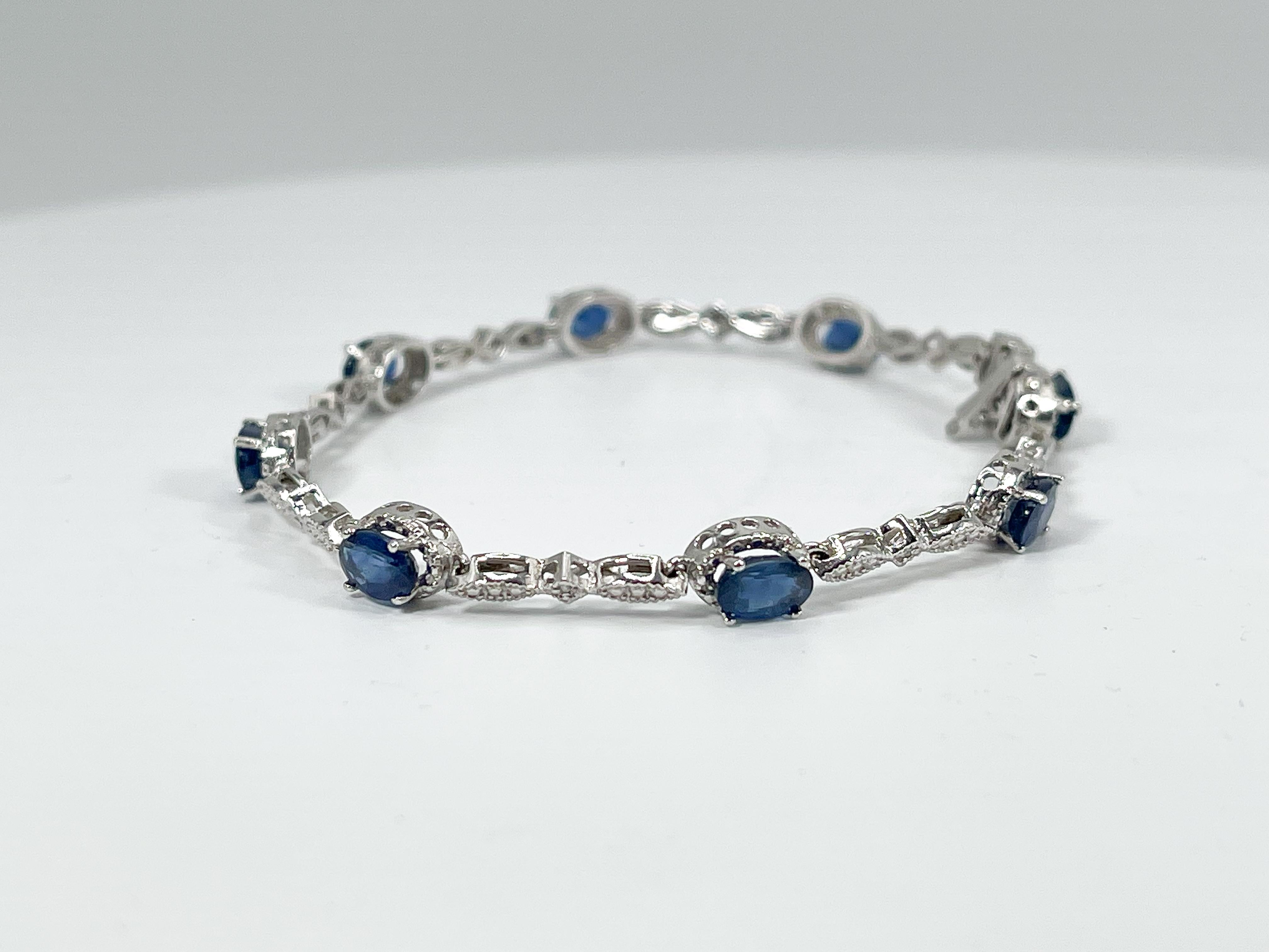 Oval Cut 14K White Gold Oval 5.20 CTW Sapphire and Diamond Line Bracelet  For Sale