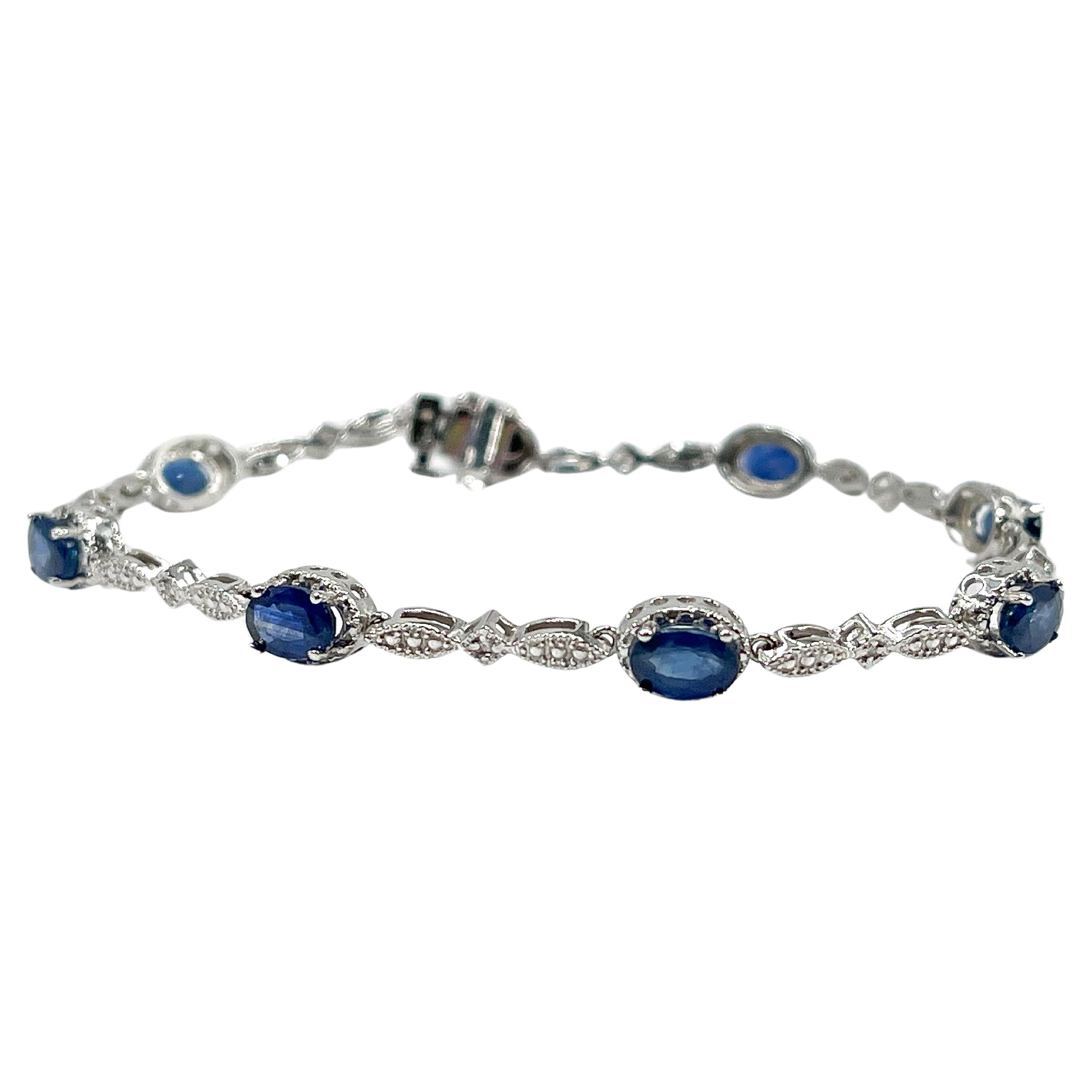 14K White Gold Oval 5.20 CTW Sapphire and Diamond Line Bracelet  For Sale