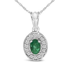 14K White Gold Oval 6x4 MM Green Emerald and Diamond Halo Pendant Necklace