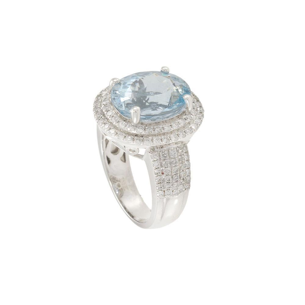Taglio ovale Anello a doppio anello ovale con acquamarina e diamante in oro bianco 14K in vendita