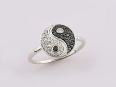 14K White Gold Oval Black and White Diamond Yin Yang Statement Ring