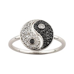 14K White Gold Oval Black and White Diamond Yin Yang Statement Ring