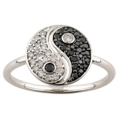 14K White Gold Oval Black and White Diamond Yin Yang Statement Ring