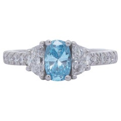 14k White Gold Oval Blue Diamond Three Stone Ring