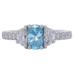 14k White Gold Oval Blue Diamond Three Stone Ring 