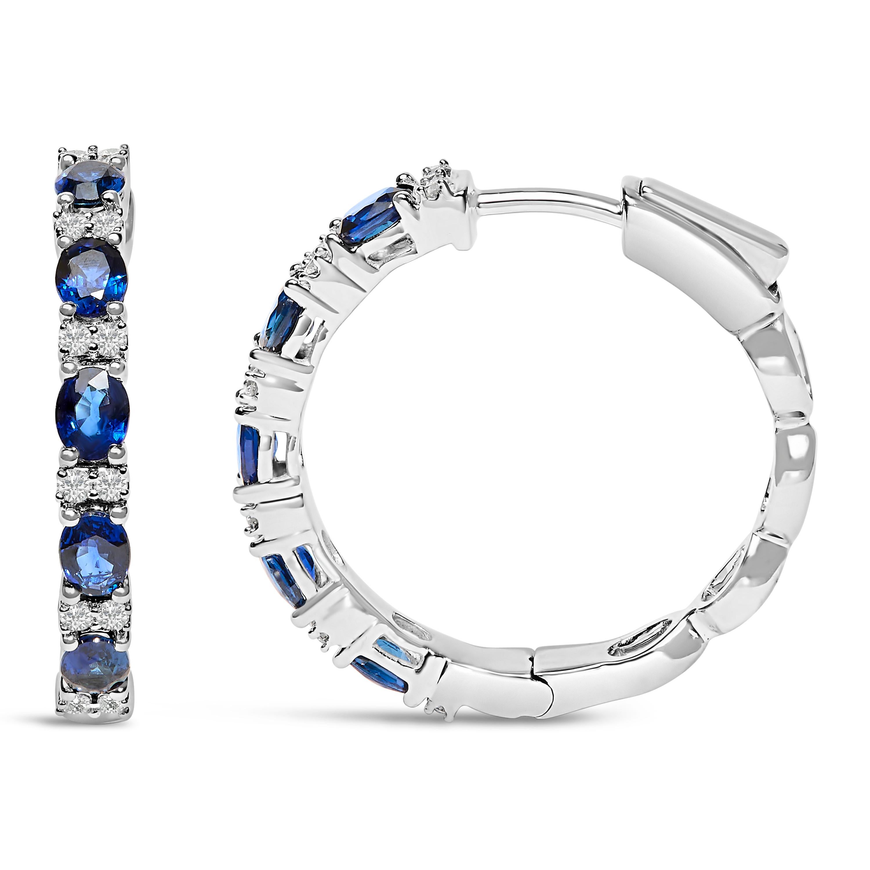 Modern 14K White Gold Oval Blue Sapphire and 1/4 Cttw Diamond Alternating Hoop Earring For Sale