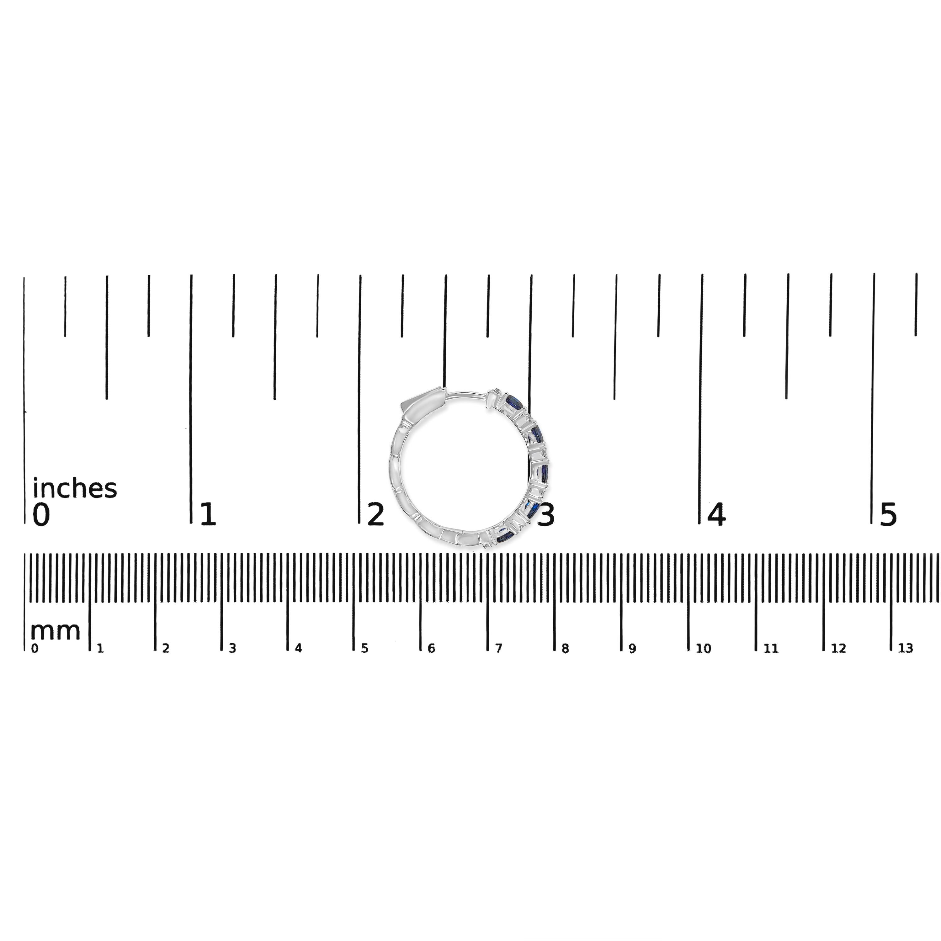 Round Cut 14K White Gold Oval Blue Sapphire and 1/4 Cttw Diamond Alternating Hoop Earring For Sale