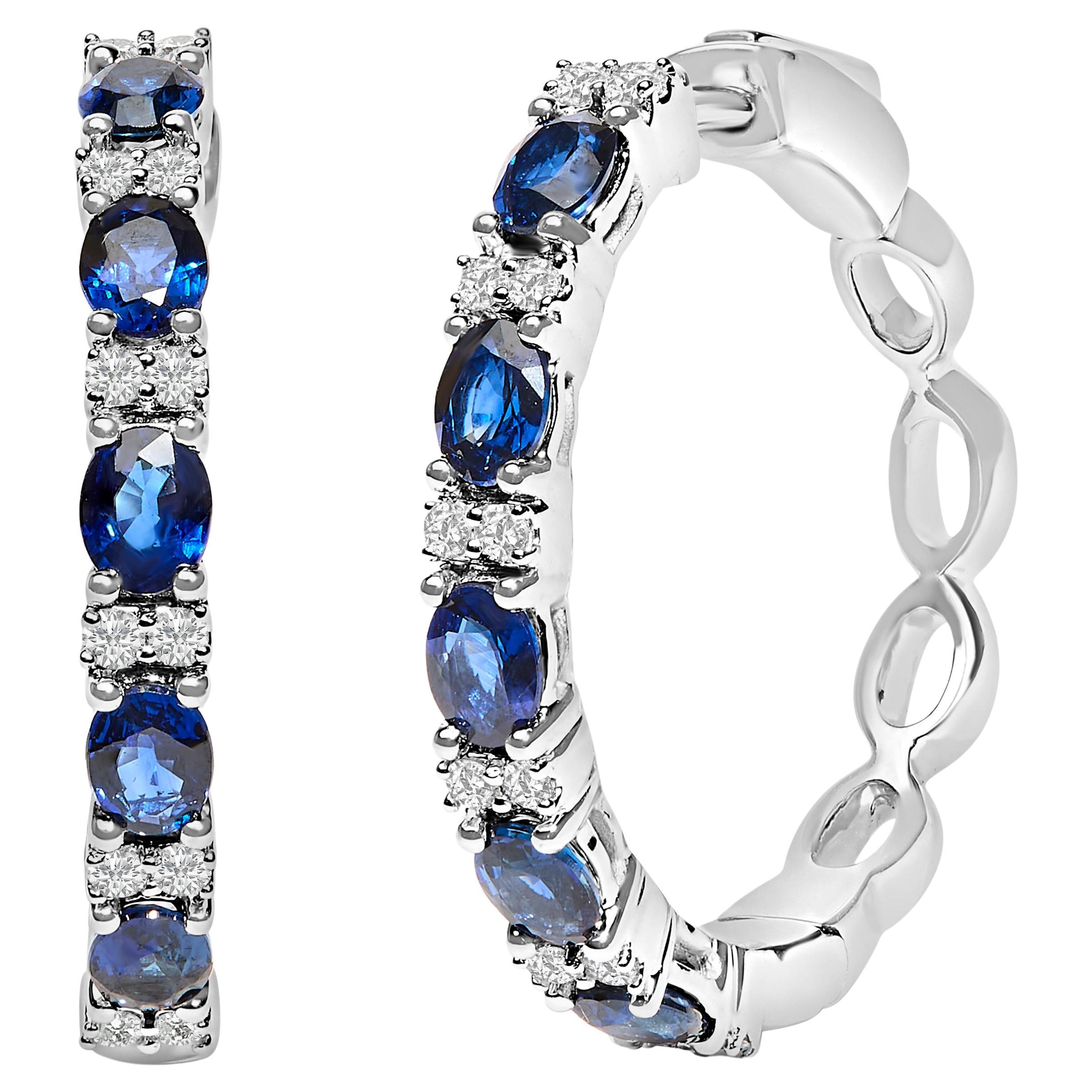 14K White Gold Oval Blue Sapphire and 1/4 Cttw Diamond Alternating Hoop Earring For Sale