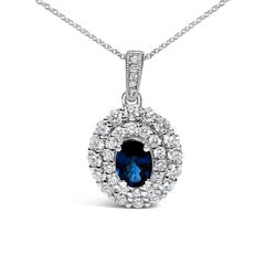 14K White Gold Oval Blue Sapphire and 3/4 Cttw Diamond Fashion Pendant Necklace