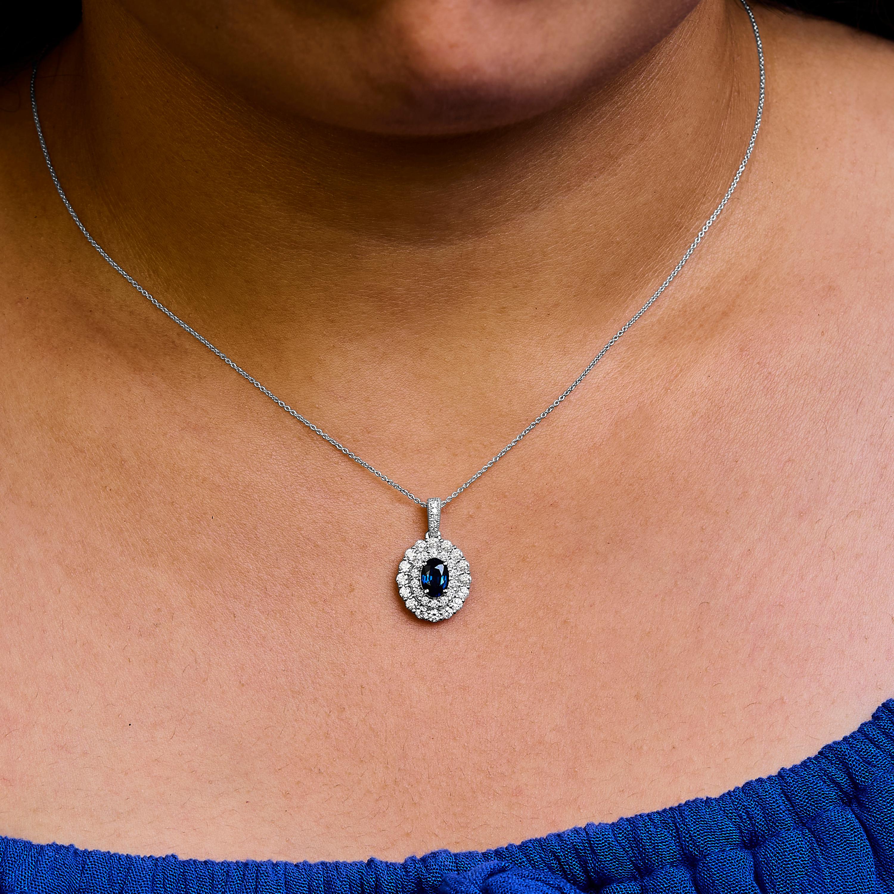 14K White Gold Oval Blue Sapphire and 3/4 Cttw Diamond Fashion Pendant Necklace In New Condition For Sale In New York, NY