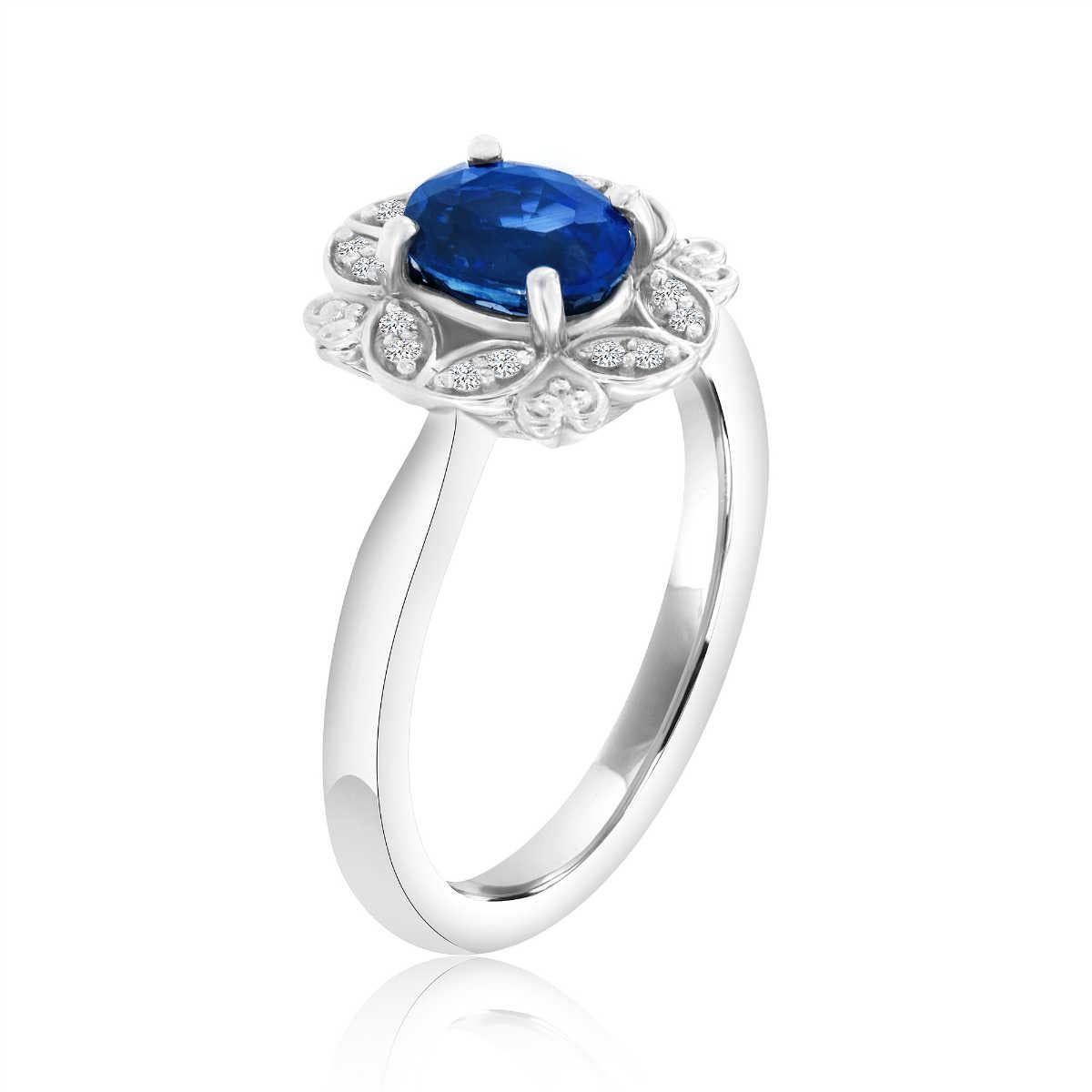 This ring features a 1.42-carat oval-shaped Sapphire encircled by a floral halo of diamonds set in a marquise and heart-shaped milgrain designed to add a vintage look. Experience the difference in person!

Product details: 

Center Gemstone Type: