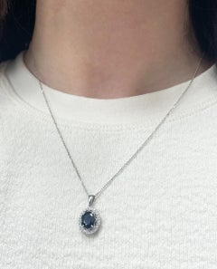 14K White Gold Oval Blue Sapphire & Diamond Pendant Necklace