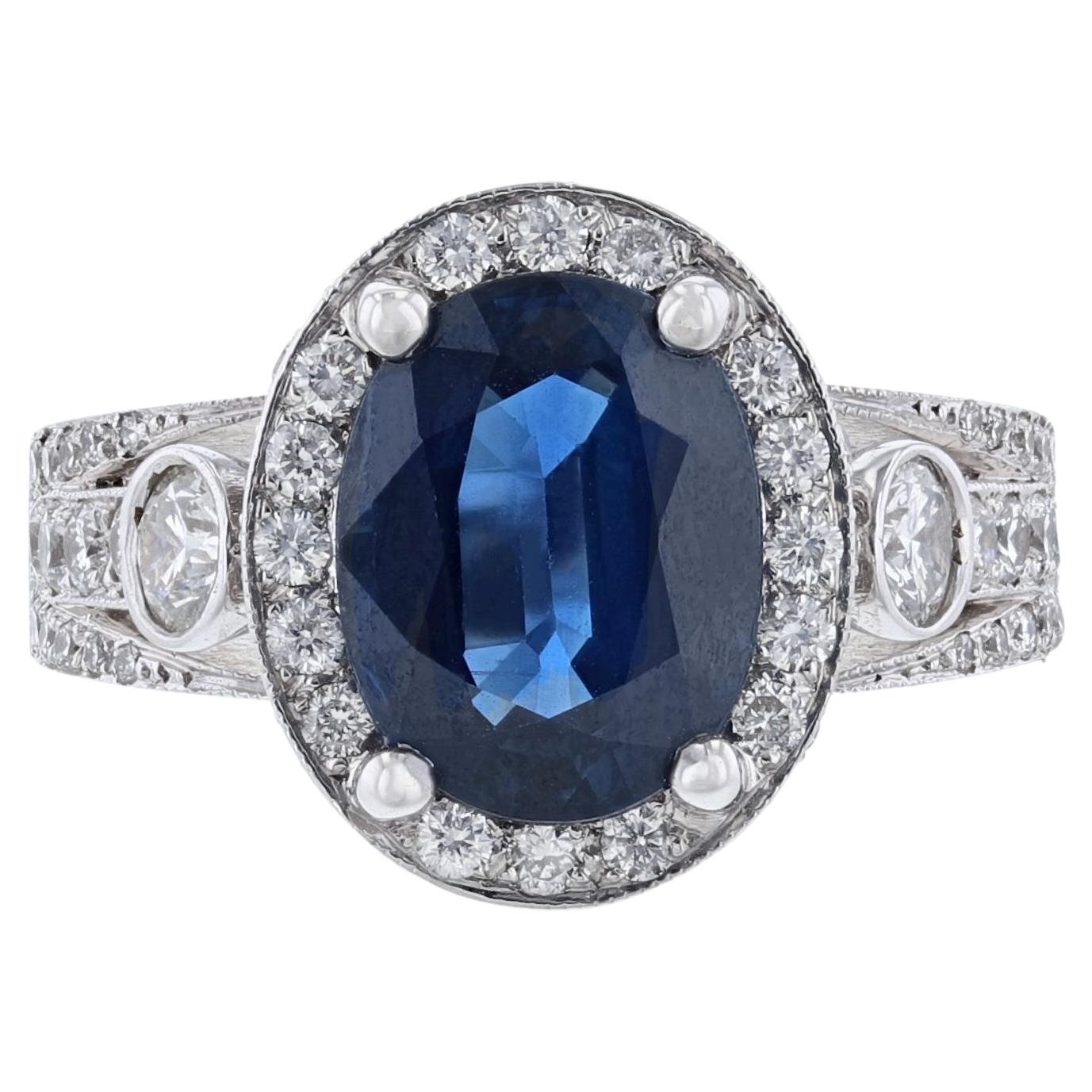 14K White Gold Oval Blue Sapphire Diamond Ring