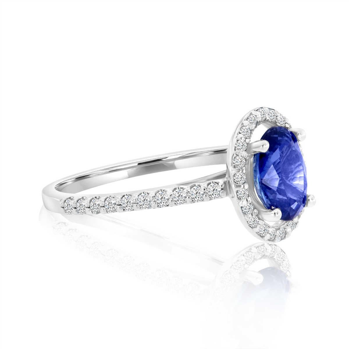 Oval Cut 14 Karat White Gold Oval Blue Sapphire Halo Diamond Ring 'Center-1.45 Carat' For Sale