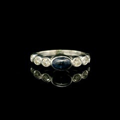 14k White Gold Oval Cabochon Bezel Sapphire w/ 0.30ctw Diamond Sides Band Ring