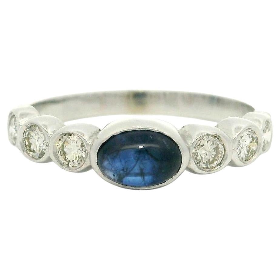 14k White Gold Oval Cabochon Bezel Sapphire w/ 0.30ctw Diamond Sides Band Ring