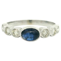 14k White Gold Oval Cabochon Bezel Sapphire w/ 0.30ctw Diamond Sides Band Ring