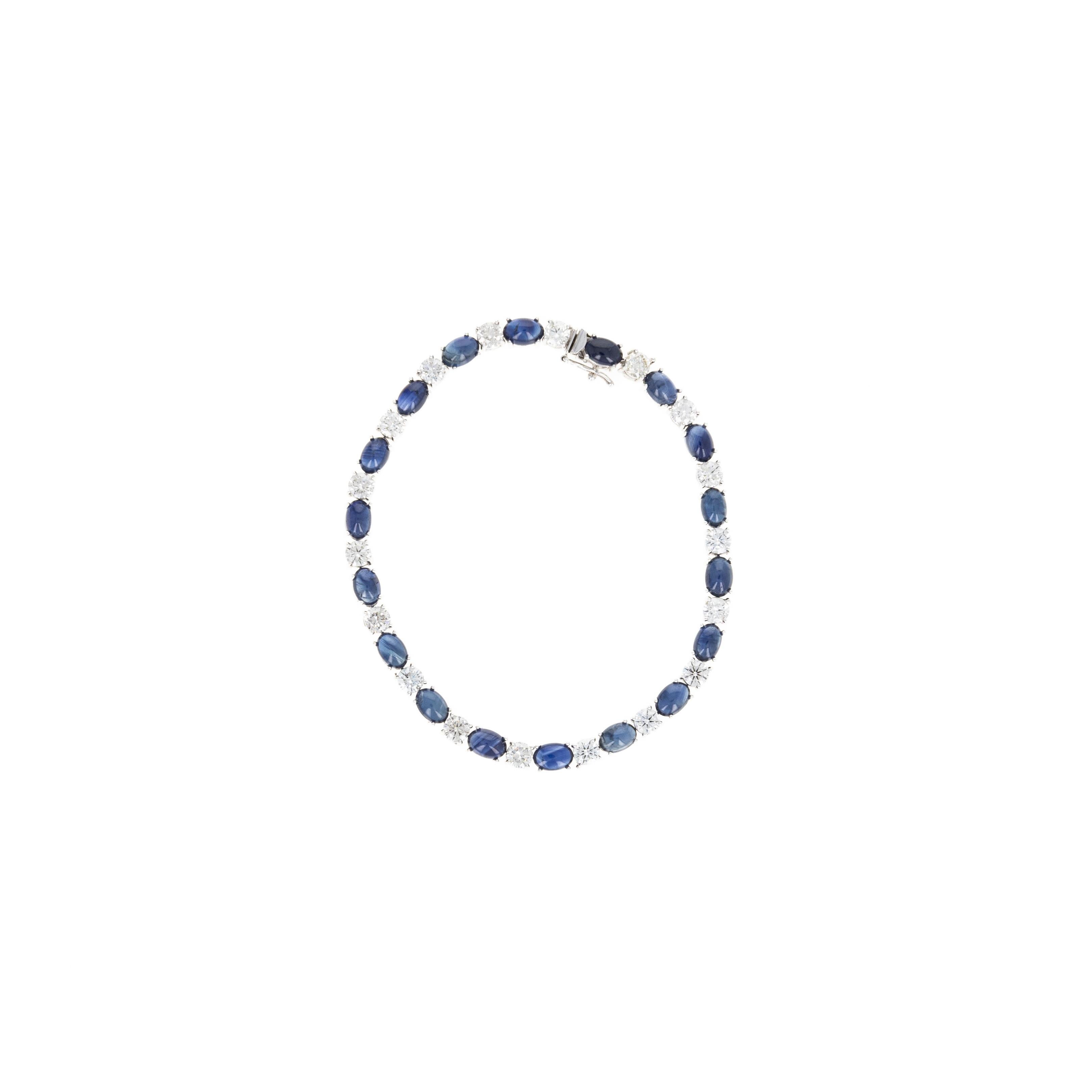 Pulsera de Oro Blanco de 14K Zafiro Cabujón Ovalado Diamante Redondo en Excelente estado para la venta en Cape May, NJ