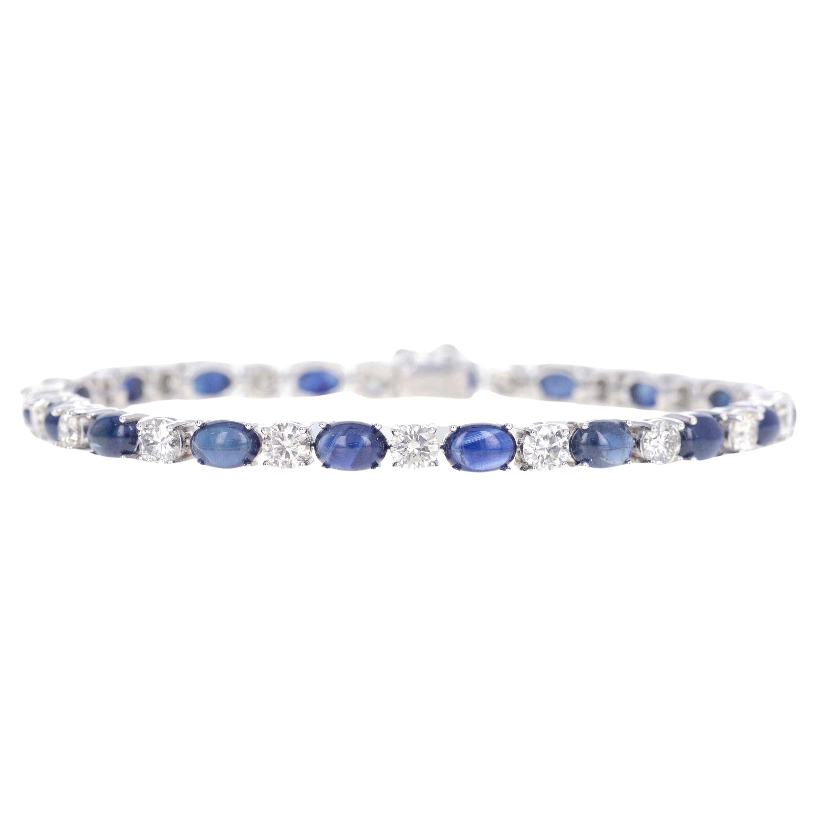 14K White Gold Oval Cabochon Sapphire Round Diamond Bracelet