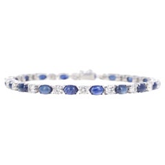 14K White Gold Oval Cabochon Sapphire Round Diamond Bracelet