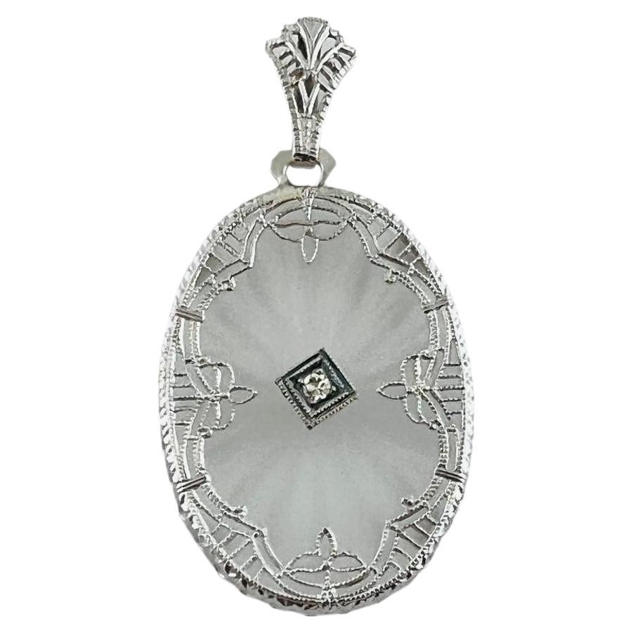 14K White Gold Oval Camphor Glass and Diamond Pendant #15998 For Sale