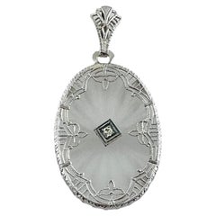 Vintage 14K White Gold Oval Camphor Glass and Diamond Pendant #15998