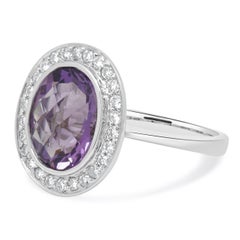 14K White Gold Oval Checkerboard Cut Amethyst and Round Diamond Halo Ring