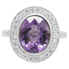 14K White Gold Oval Checkerboard Cut Amethyst and Round Diamond Halo Ring