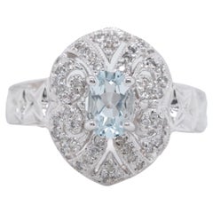 Vintage 14k White Gold Oval Cut Blue Aquamarine & Round Cut Diamonds Ring
