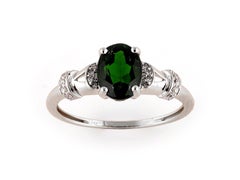 14K White Gold Oval Cut Chrome Diopside and Diamond Ribbed Ring