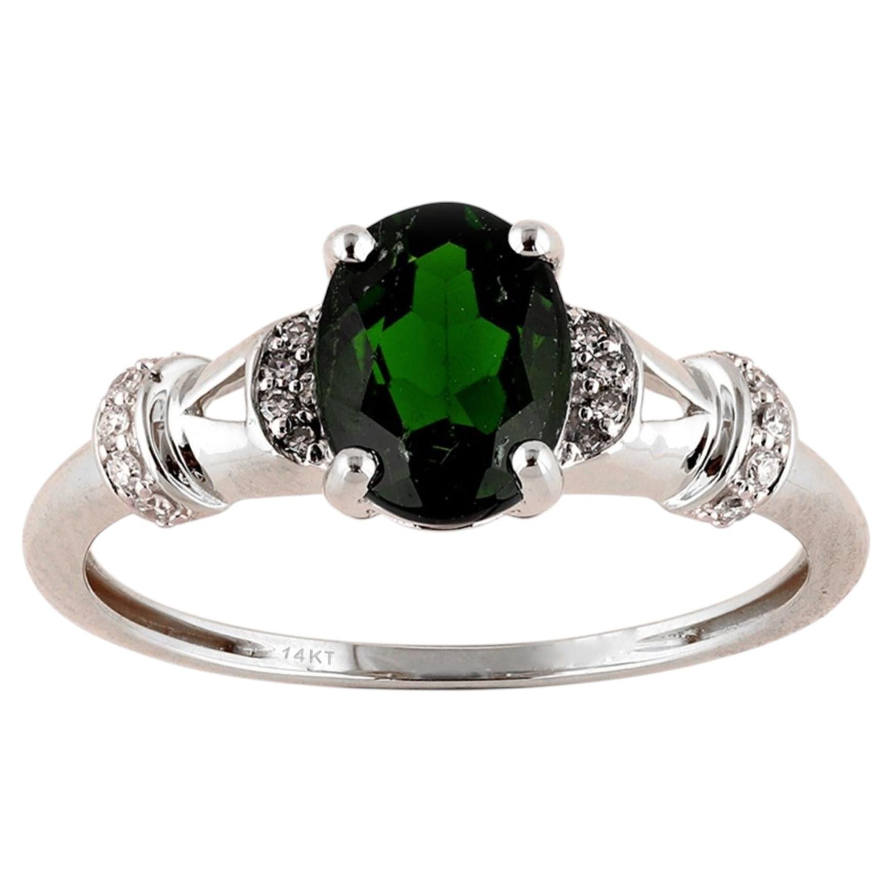 14K White Gold Oval Cut Chrome Diopside and Diamond Ribbed Ring
