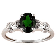 14K White Gold Oval Cut Chrome Diopside and Diamond Ribbed Ring