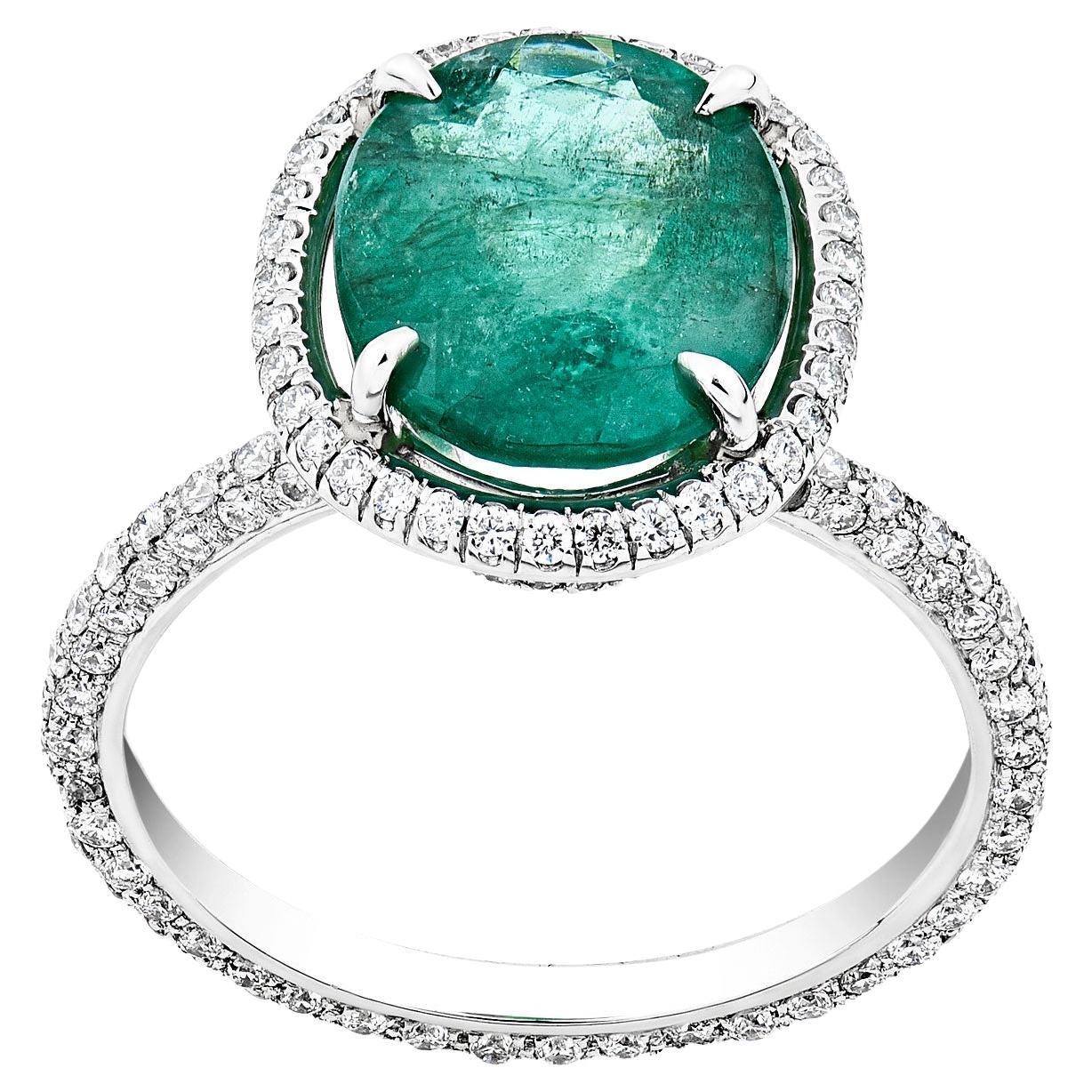 14K White Gold Oval Cut Emerald Center with Diamond Halo