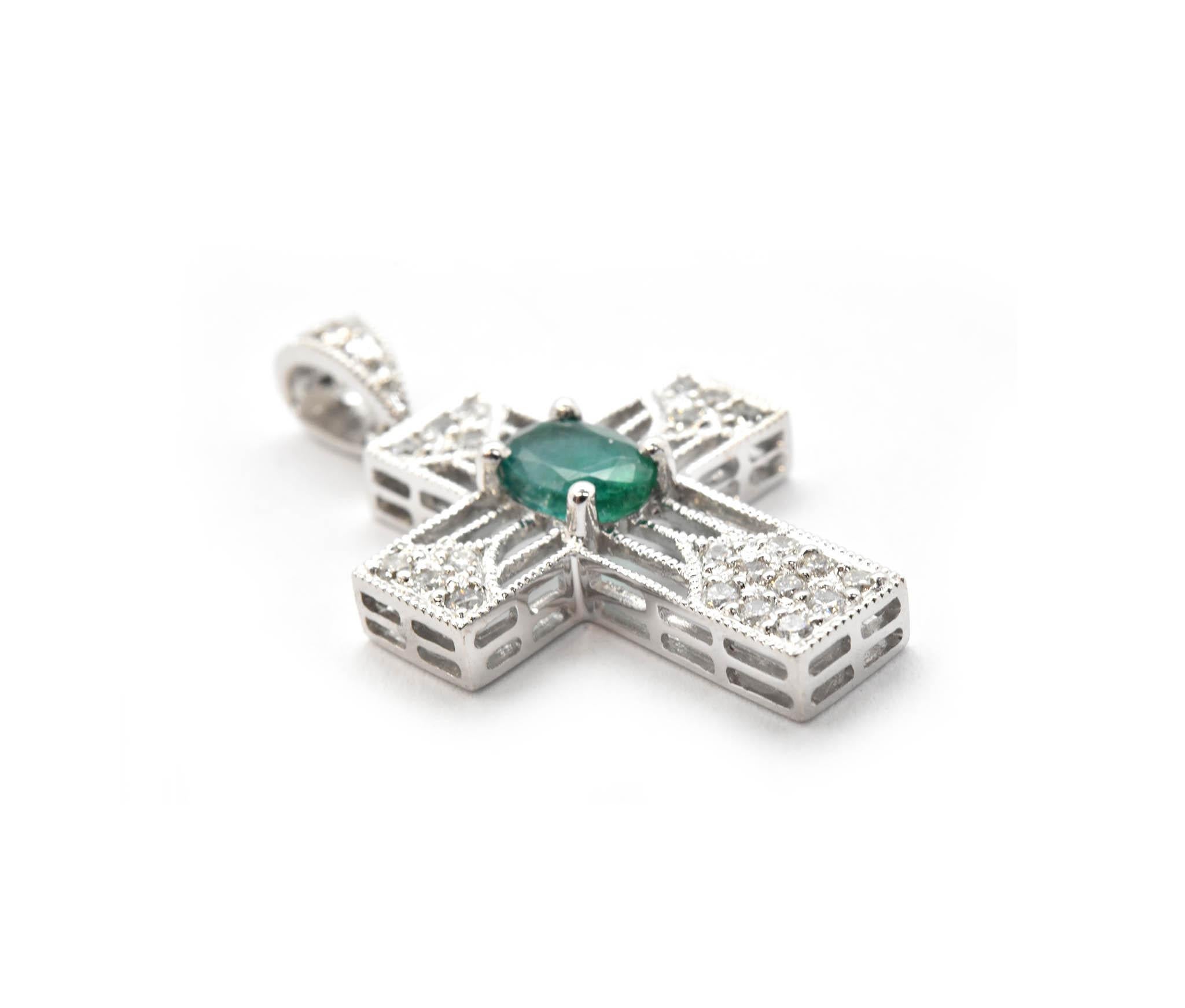 14 Karat White Gold Oval Emerald and Diamond Cross Pendant Necklace In Excellent Condition In Scottsdale, AZ