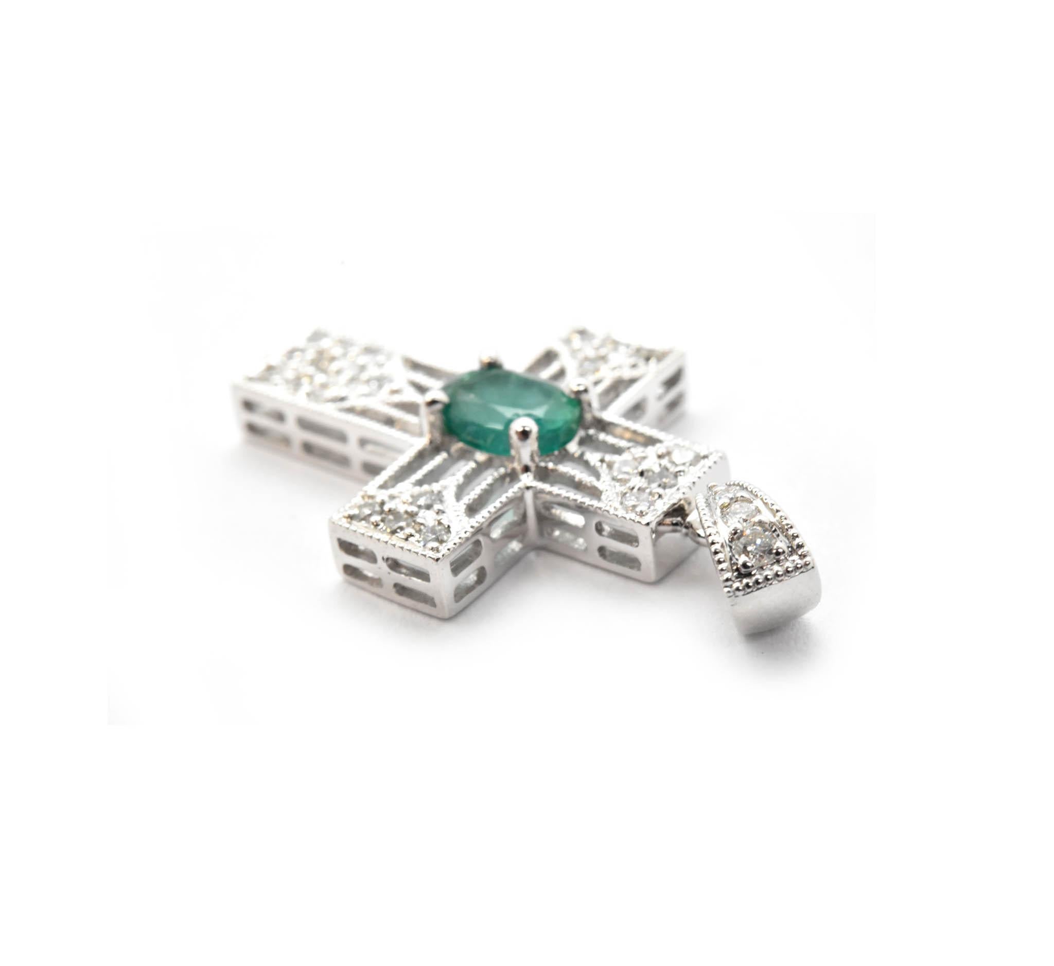14 Karat White Gold Oval Emerald and Diamond Cross Pendant Necklace 1