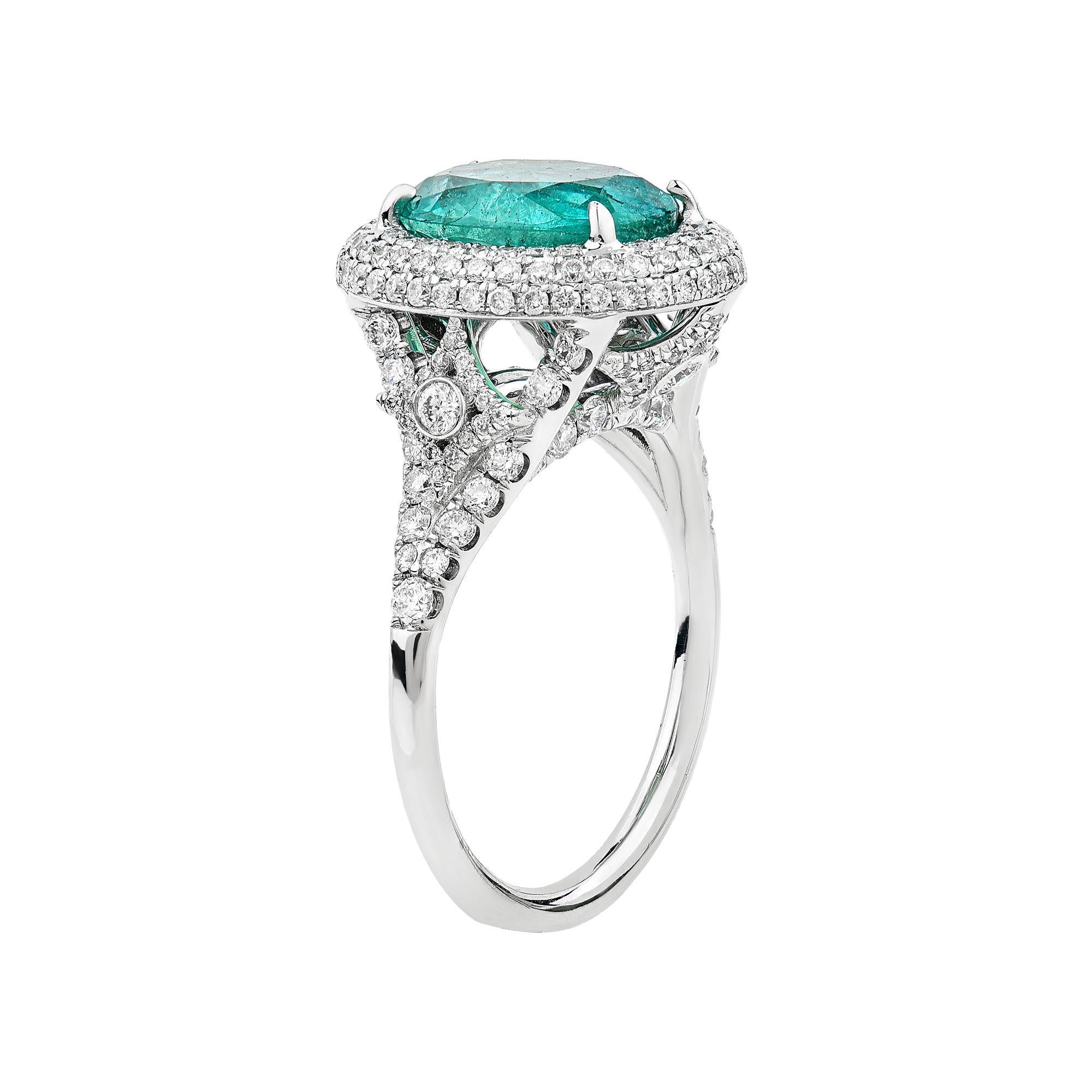 For Sale:  14K White Gold Oval Emerald And Double Halo Diamond Ring 2