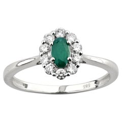 14K White Gold Oval Emerald and Round Diamond Halo Ring