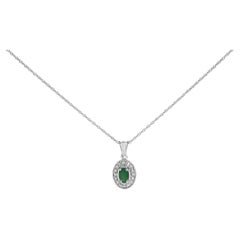 Collier pendentif halo en or blanc 14K avec émeraude verte ovale et diamant - 18" pouces