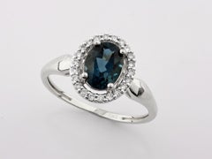 14K White Gold Oval London Blue Topaz and Diamond Halo Ring